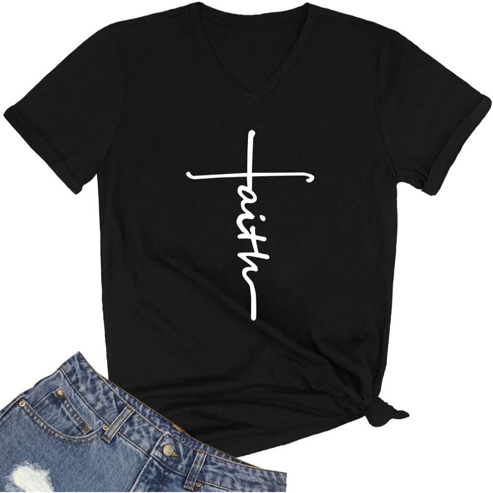 Women Faith Graphic V-Neck Tee Small Black Cotton Casual Top